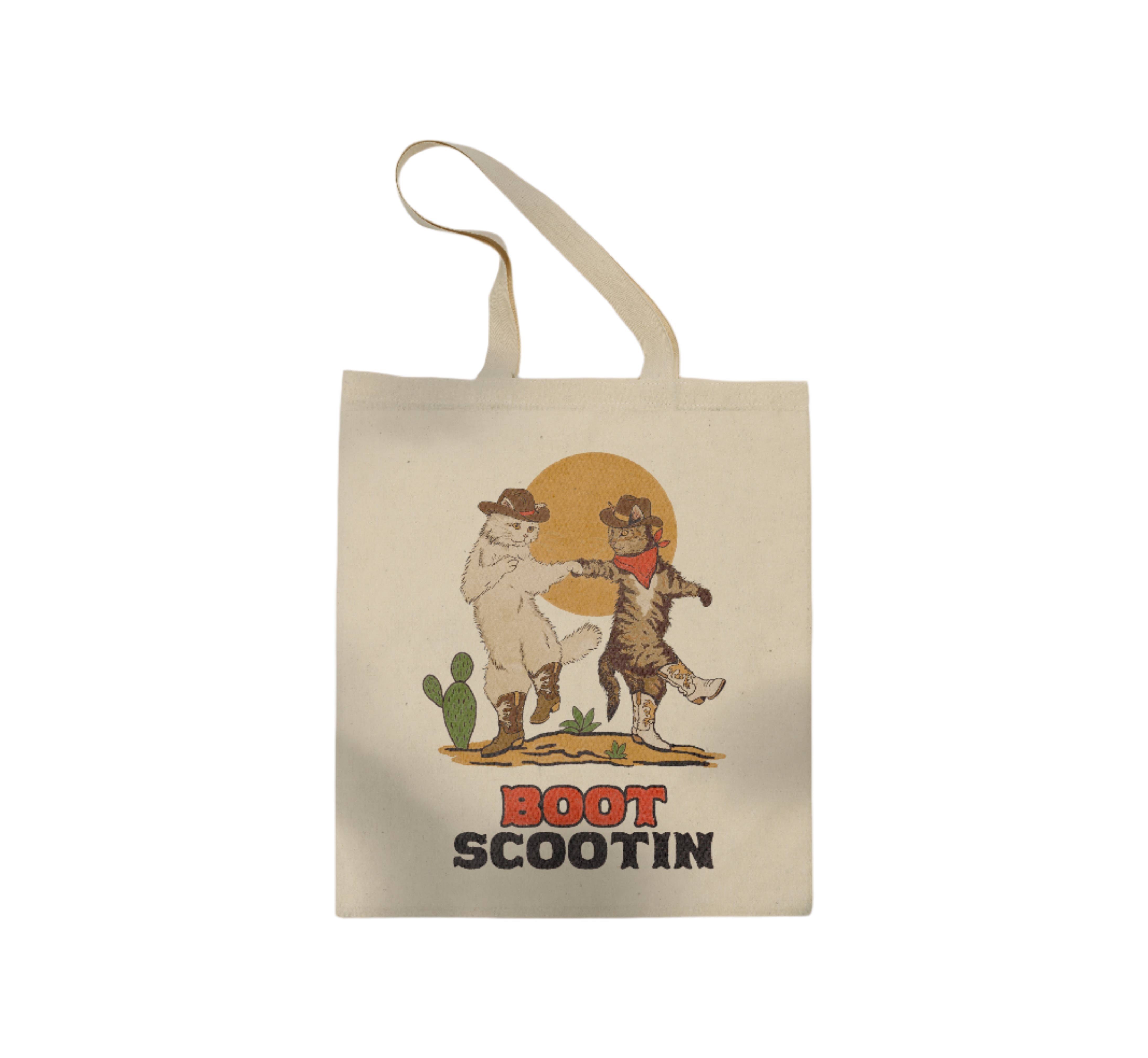 Boot Scootin’ Kitties canvas tote bag with cowboy cat design